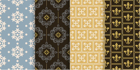 Vector seamless pattern. Set of background wallpapers in retro style. Colors: gold, beige, yellow.