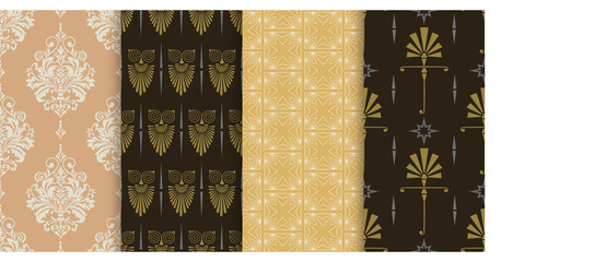 Vector seamless pattern. Set of background wallpapers in vintage and modern style. Colors: black, gold, beige. Graphic templates for your design