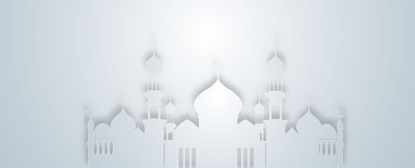 Ramadan kareem 2020 background. Paper cut vector illustration with mosque and moon, place for text greeting card and banner