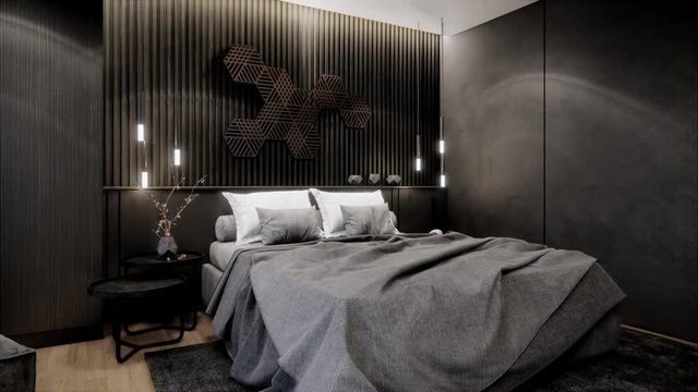 interior design of modern bedroom with wood wall, zoom out shot, video ultra HD 4K 3840x2160, 3D animation