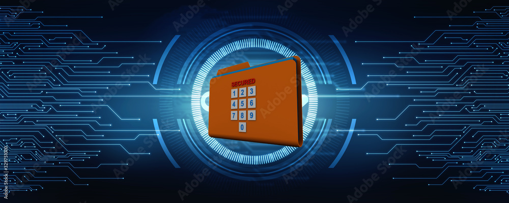 Poster yellow folder and lock. data security concept. 3d rendering