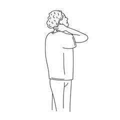 Man with throat pain touching his neck. Flat lineart modern trendy style. Hand drawn vector character illustration. Isolated on white background.