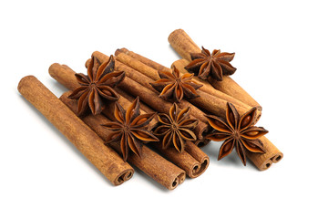 Cinnamon sticks and star anise spice isolated on white background