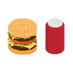 Fast food double burger and drink vector isometric view