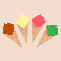 Variety of ice cream in wafer cone chocolate, pistachio, vanilla and strawberry