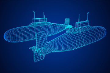 Military atomic submarine underwater boat. Wireframe low poly mesh vector illustration © newb1