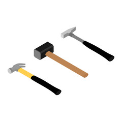 Set of iron hammers with black handle and sledge hammer isolated on white background.  Working tool.