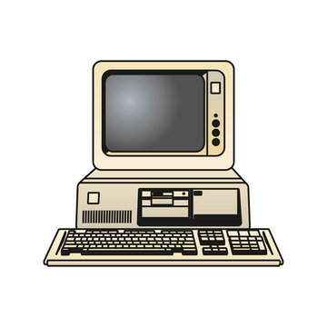Vintage personal computer with keyboard and mouse isolated on white. Vector illustration in EPS10