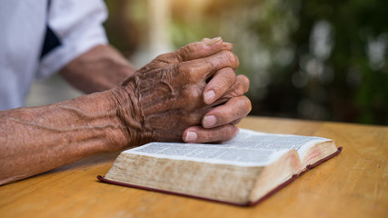 Old man reading her bible while sitting outside