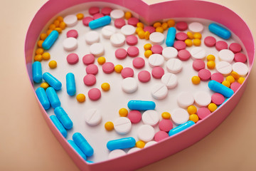 Assorted pharmaceutical medicine pills, tablets and capsules on beige background. Heap of various pills. Coronovirus, quarantine, epidemic, pandemic, flu, cold,illness. Medicine concept and health