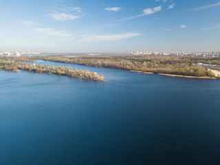 Aerial drone view. View of the Dnieper River in Kiev.