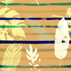 Sailor Stripes Vector Seamless Pattern, Brown Green Khaki Exotic Floral Print. Adventure 