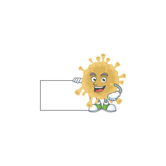 Funny coronavirus particle cartoon design Thumbs up with a white board