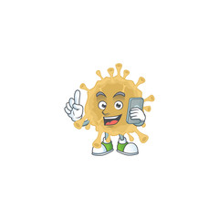 A sweet coronavirus particle cartoon design style speaking on phone