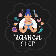 woman eating ramen noodles, holding a bowl full of asian noodle soup, banner template with lettering writing for ramen shop, hand drawn flat cartoon illustration 
