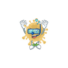 A cartoon design of coronavirus particle trying Diving glasses