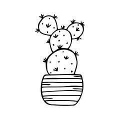 Hand drawn flower in a pot, cactus isolated on a white background. Doodle, simple outline illustration. It can be used for decoration of textile, paper.