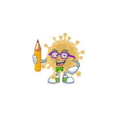 Coronavirus particle clever student character using a pencil