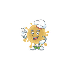 A picture of coronavirus particle cartoon character wearing white chef hat