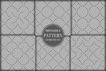 Set of 6 geometric impossible seamless pattern background. Abstract circle and line texture vector illustration for wallpaper, cover, banner, fabric print ,design template ornament, backdrop