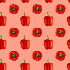 Seamless food pattern. Red sweet bell pepper on a pink background. Vegetable, healthy ingredient. Bulgarian paprika