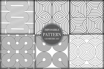 Set of 6 geometric impossible seamless pattern background. Abstract circle and line texture vector illustration for wallpaper, cover, banner, fabric print ,design template ornament, backdrop
