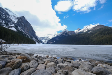 Mount fairview, partly frozen lake, Lake Louise Banff National Park, Alberta Canada