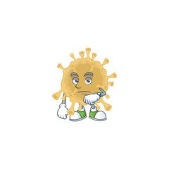 Obraz na płótnie Canvas A cartoon icon of coronavirus particle with waiting gesture