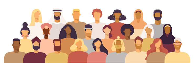 Group of people of different nationalities and cultures, skin colors and hairstyles. Society or population, social diversity. Cartoon characters. Vector illustration in flat design, isolated on white