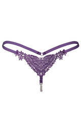 Subject shot of a lilac lace thong with thin a pearl string in the intimate area. The sexy G-string with heart tracery and thin straps is isolated on the white background.