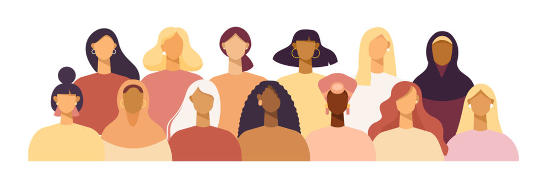 Group of women of different nationalities and cultures, skin colors and hairstyles. Society or population, social diversity. Cartoon characters. Vector illustration in flat design, isolated on white