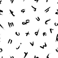 Seamless pattern of hand written alphabet. Lowercase Latin letters are made with black ink and a dry brush. Traced lettering. Grunge style lettering with torn edges. Rounded simple letters. Vector