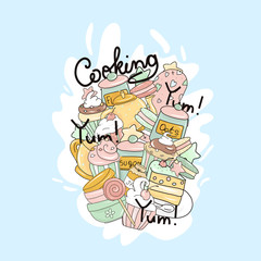 Design elements of kitchen utensils. Cooking flat hand drawn illustrations set. Everything for making desserts. Scandinavian style.