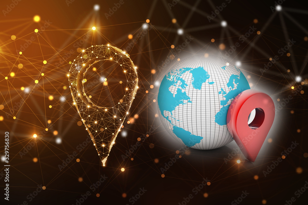 Poster 3d rendering red map pointer with world map