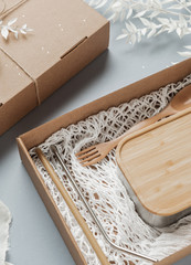 Fototapeta na wymiar Gift box made of cardboard. Sustainable lifestyle, zero waste co