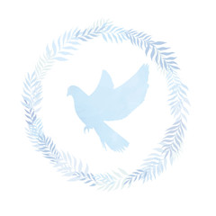 Doves silhouette in leaves wreath in tender pastel blue colors on white background