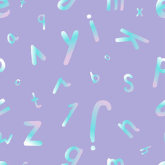 Seamless pattern of lowercase latin letters. Pink blue Gradient letters  soar randomly on a light purple background. Trace Lettering. Vector illustration
