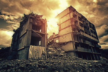 Post-apocalyptic destroyed building in city