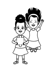 happy little girls with puzzle piece characters