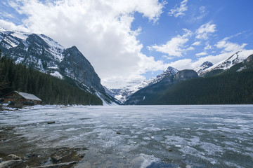 Mount fairview, partly frozen lake, Lake Louise Banff National Park, Alberta Canada