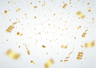 Confetti Overlays. Gold Confetti Party Celebration Background With Ribbons And Particles.