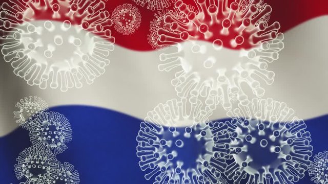 Coronavirus pandemic in The Netherlands with 2019 ncov cell and flag. Dutch outbreak of sickness and death - 3d animation