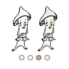 Set of vector illustrations for coloring. Fairytale mushroom smiling. Black outline. Isolated on a white background.