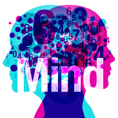 A Male and Female side silhouette profile overlaid with various blending semi-transparent numbers,  connected circular shapes and the semi glowing Word - “Mind”.