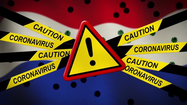 Coronavirus pandemic in The Netherlands with 2019 ncov cell and flag. Dutch outbreak of sickness and death - 3d animation