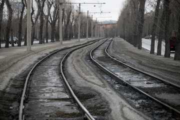 tram tracks in Russia, rails in perspective