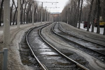 Fototapeta premium tram tracks in Russia, rails in perspective