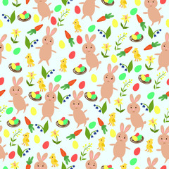 Seamless easter pattern with bunnies, eggs, flowers and chicks. Vector graphics.