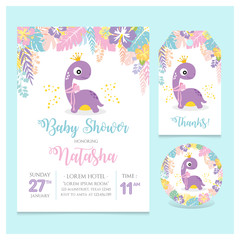 set of Baby shower card with coaster and thank you tag. little dinosaur girl theme party