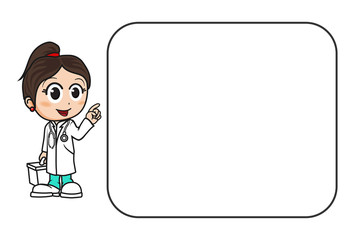 Woman doctor in medical gown and stethoscope pointing at empty medical clipboard for your text. Medical background for instruction or information. Cute cartoon doctor character. Vector illustration.